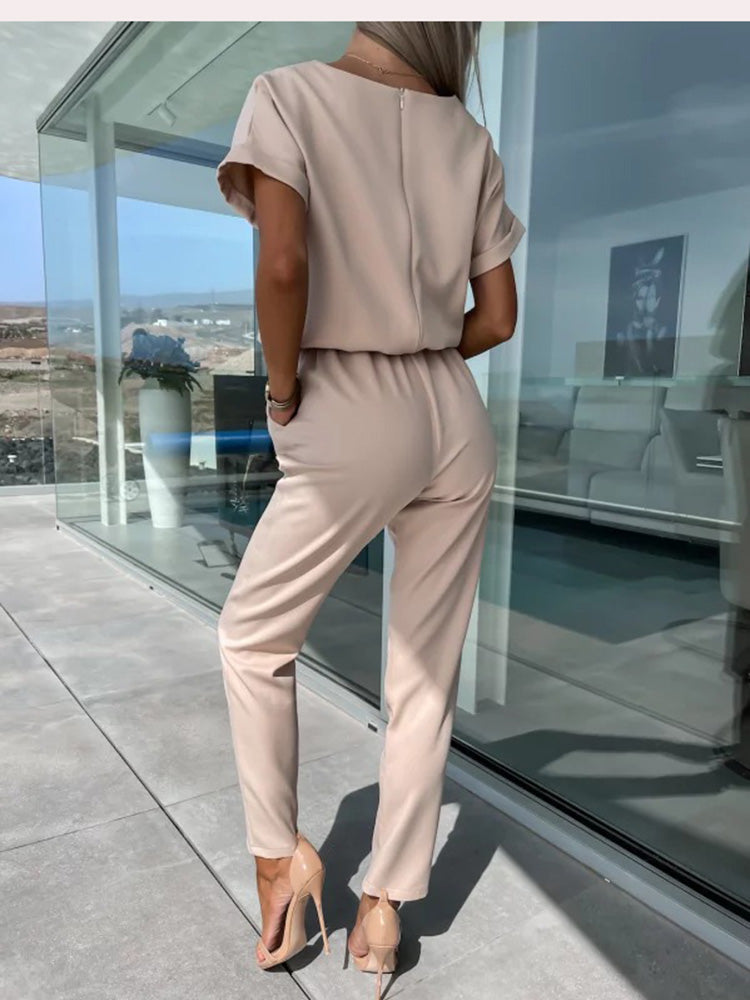 Combinaison Femme Manches Courtes avec Décolleté en V et Ceinture Nœud