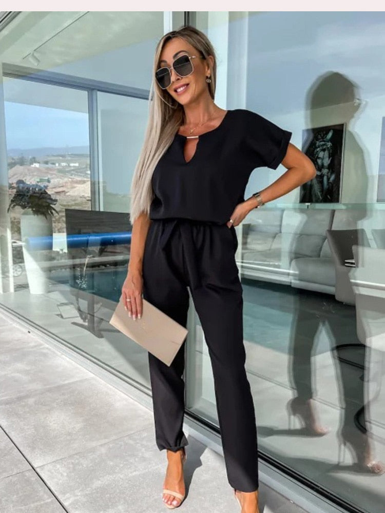 Combinaison Femme Manches Courtes avec Décolleté en V et Ceinture Nœud