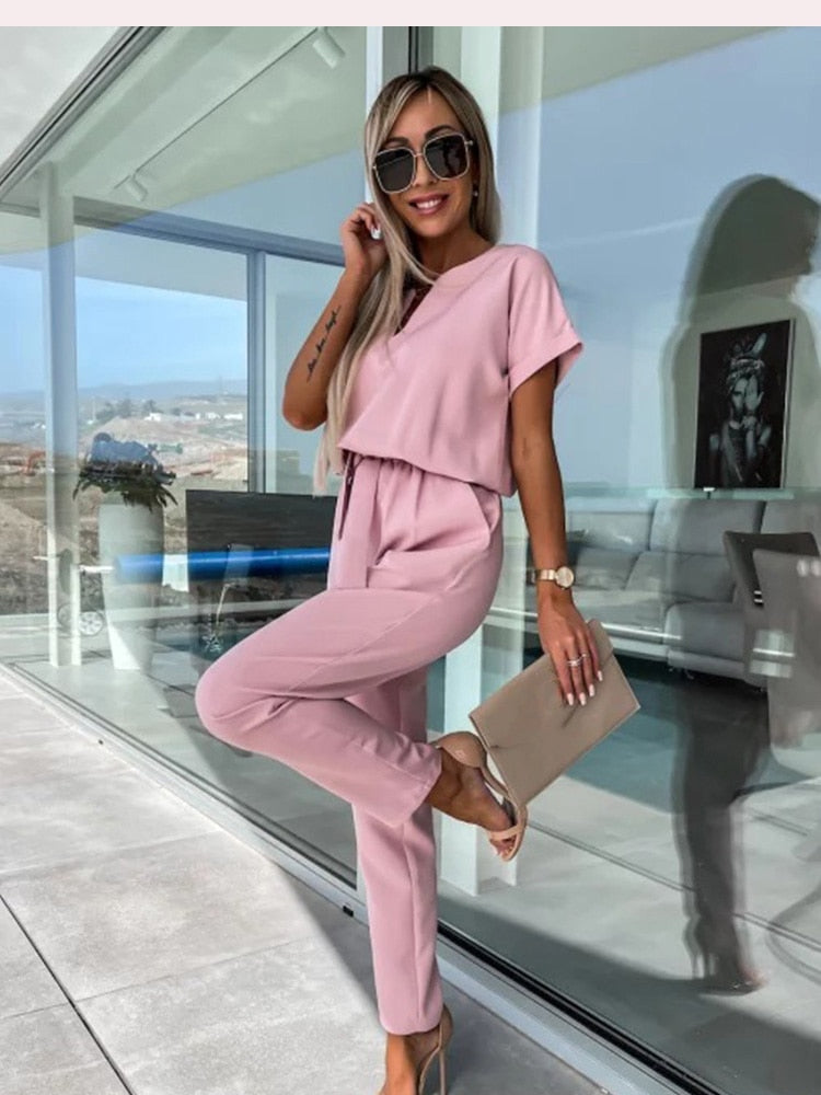 Combinaison Femme Manches Courtes avec Décolleté en V et Ceinture Nœud