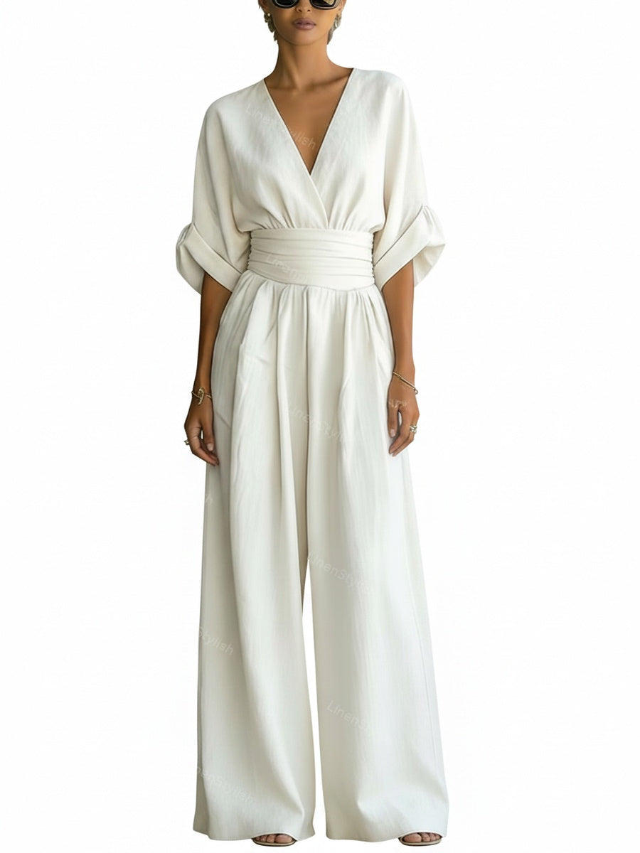 Combinaison Femme avec Décolleté en V Profond, Ceinture et Pantalons Amples