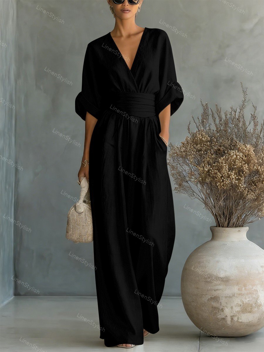 Combinaison Femme avec Décolleté en V Profond, Ceinture et Pantalons Amples