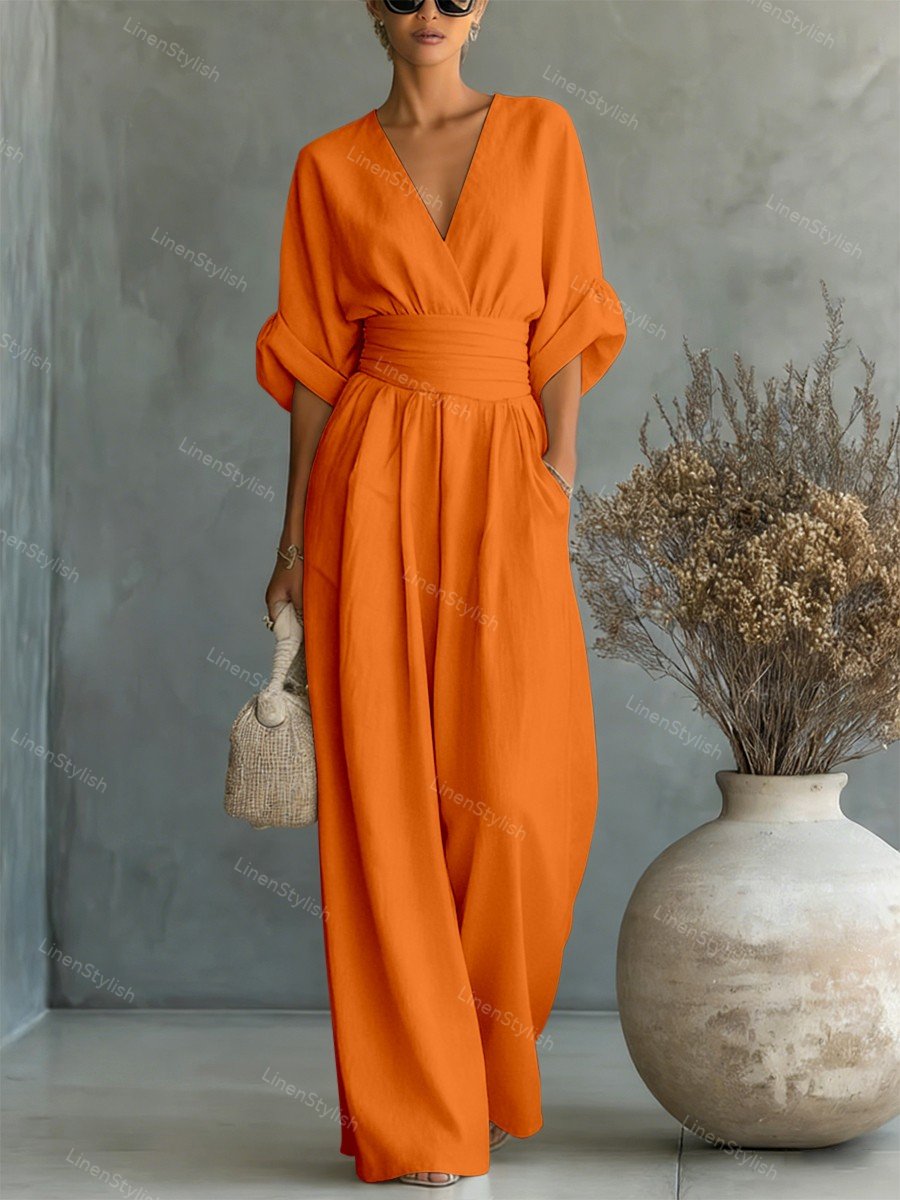Combinaison Femme avec Décolleté en V Profond, Ceinture et Pantalons Amples