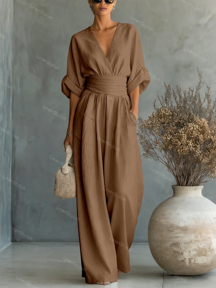 Combinaison Femme avec Décolleté en V Profond, Ceinture et Pantalons Amples