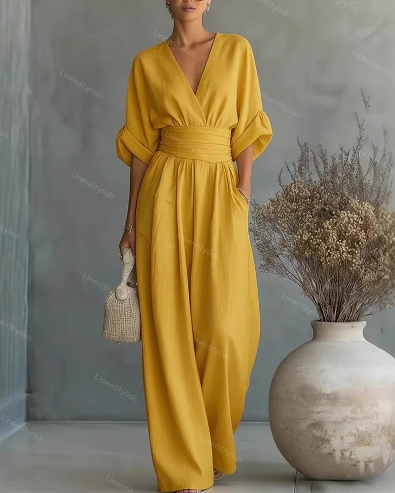 Combinaison Femme avec Décolleté en V Profond, Ceinture et Pantalons Amples