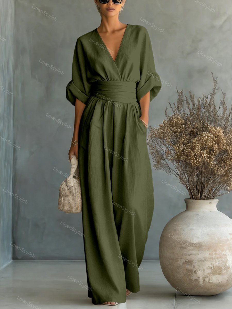 Combinaison Femme avec Décolleté en V Profond, Ceinture et Pantalons Amples