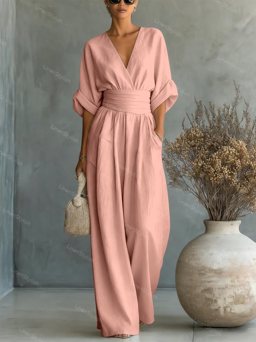 Combinaison Femme avec Décolleté en V Profond, Ceinture et Pantalons Amples