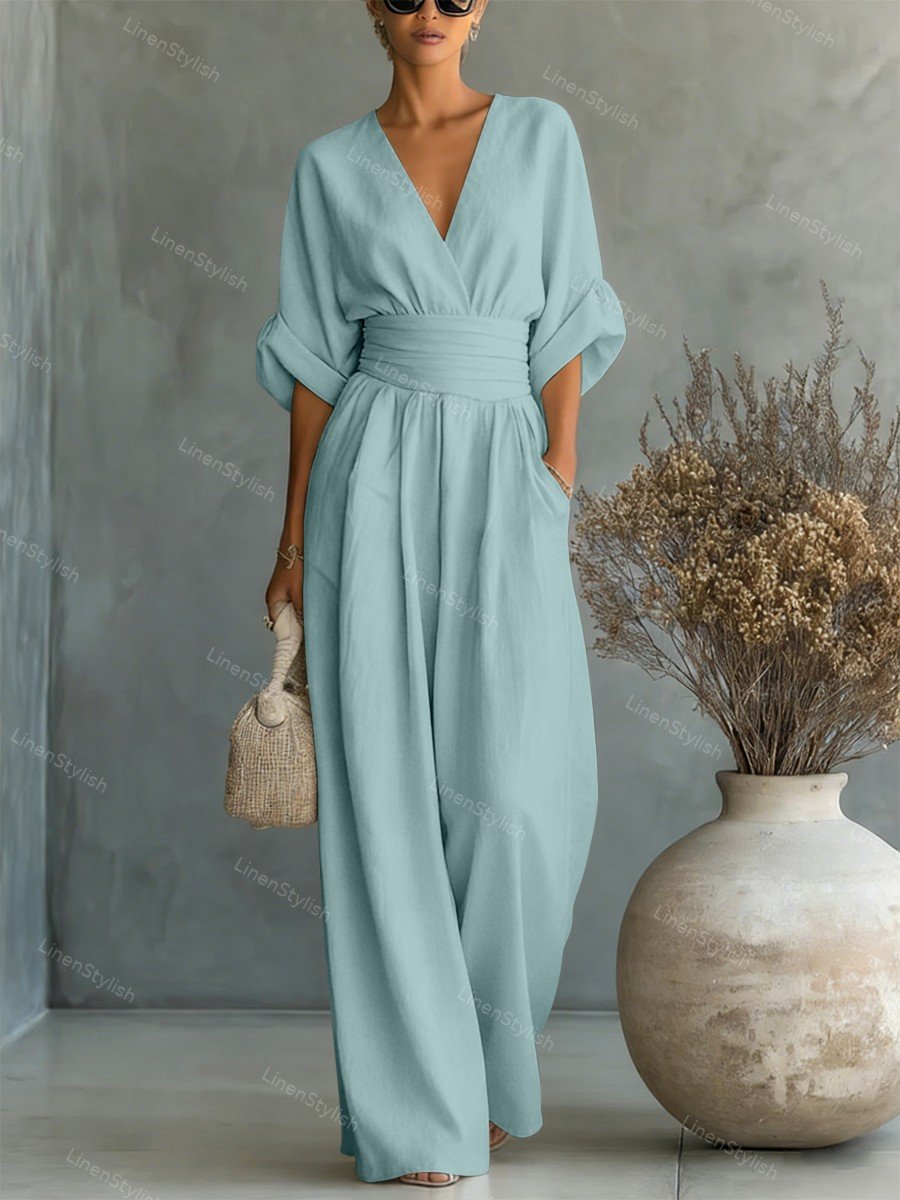 Combinaison Femme avec Décolleté en V Profond, Ceinture et Pantalons Amples