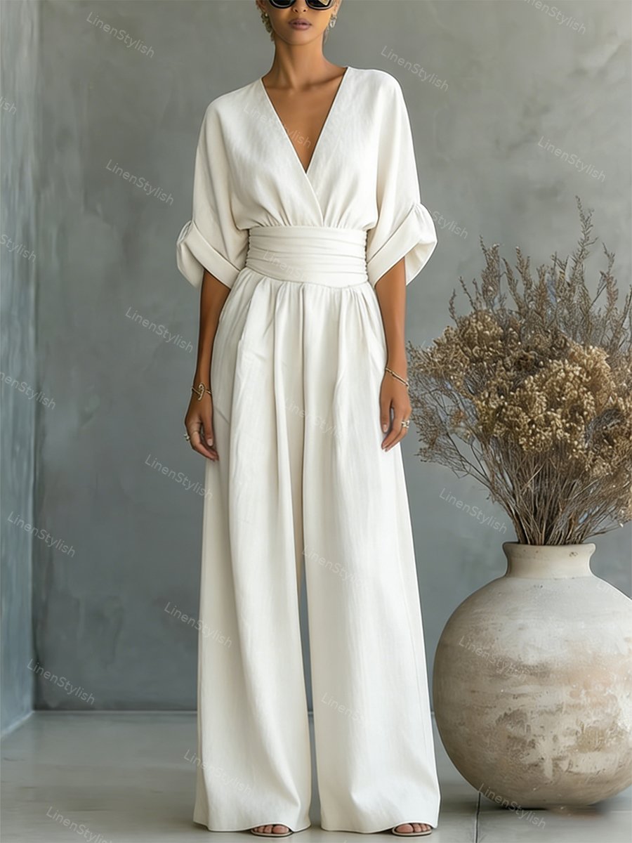 Combinaison Femme avec Décolleté en V Profond, Ceinture et Pantalons Amples