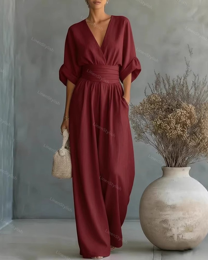 Combinaison Femme avec Décolleté en V Profond, Ceinture et Pantalons Amples