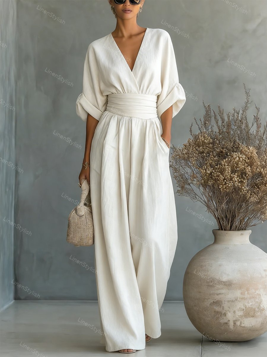 Combinaison Femme avec Décolleté en V Profond, Ceinture et Pantalons Amples