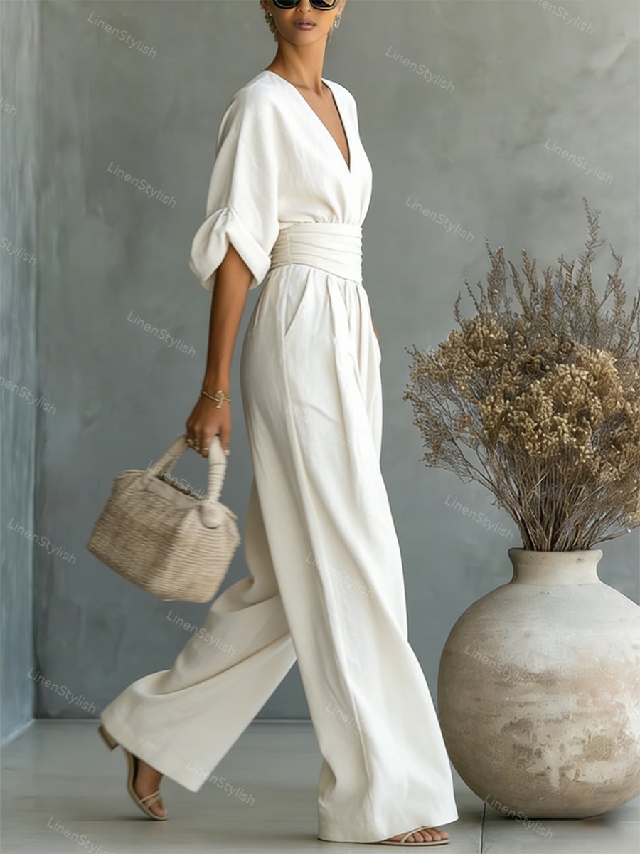 Combinaison Femme avec Décolleté en V Profond, Ceinture et Pantalons Amples