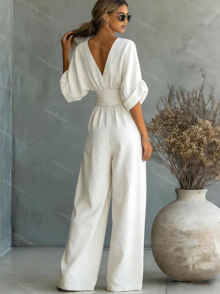 Combinaison Femme avec Décolleté en V Profond, Ceinture et Pantalons Amples