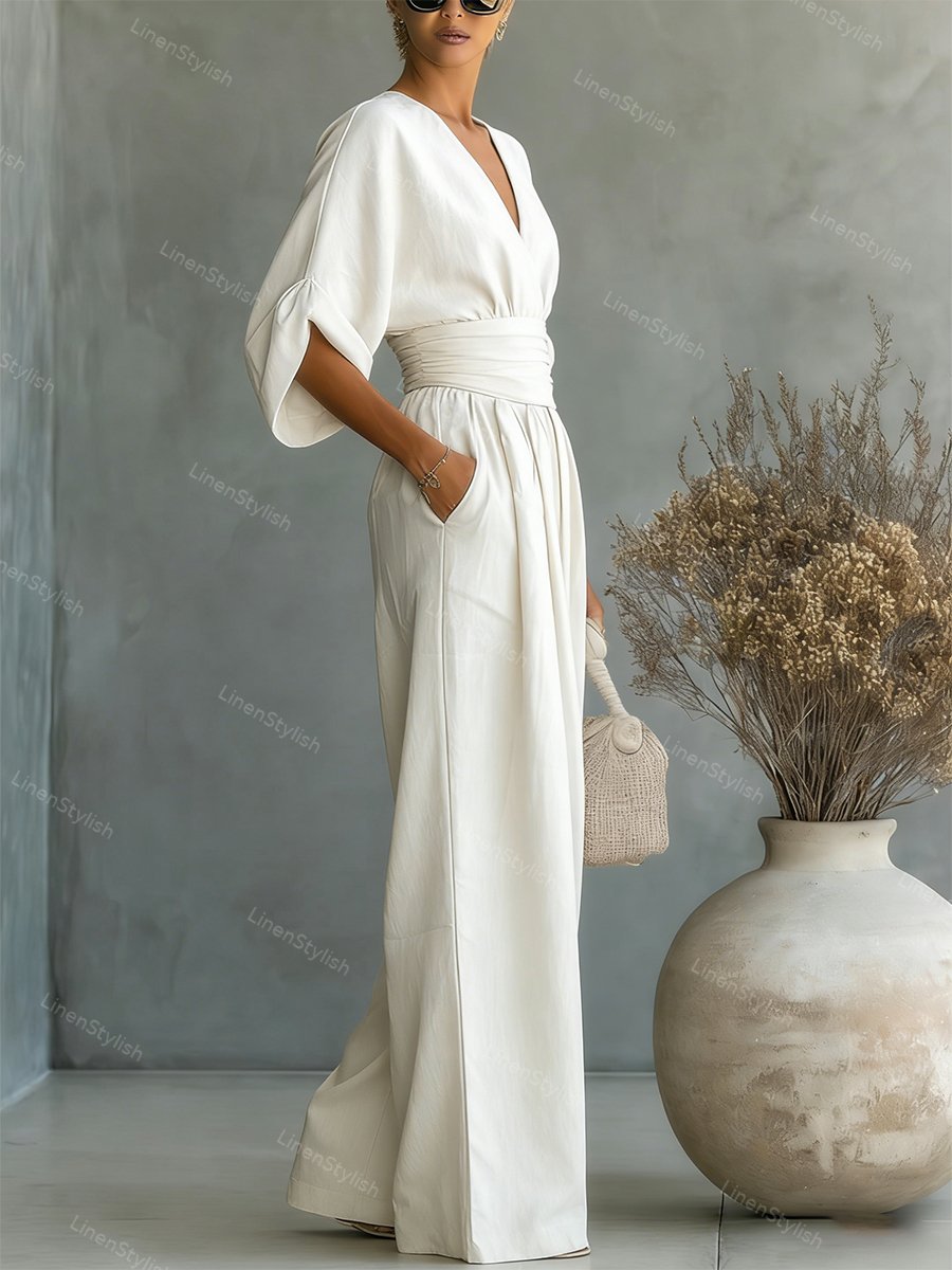 Combinaison Femme avec Décolleté en V Profond, Ceinture et Pantalons Amples
