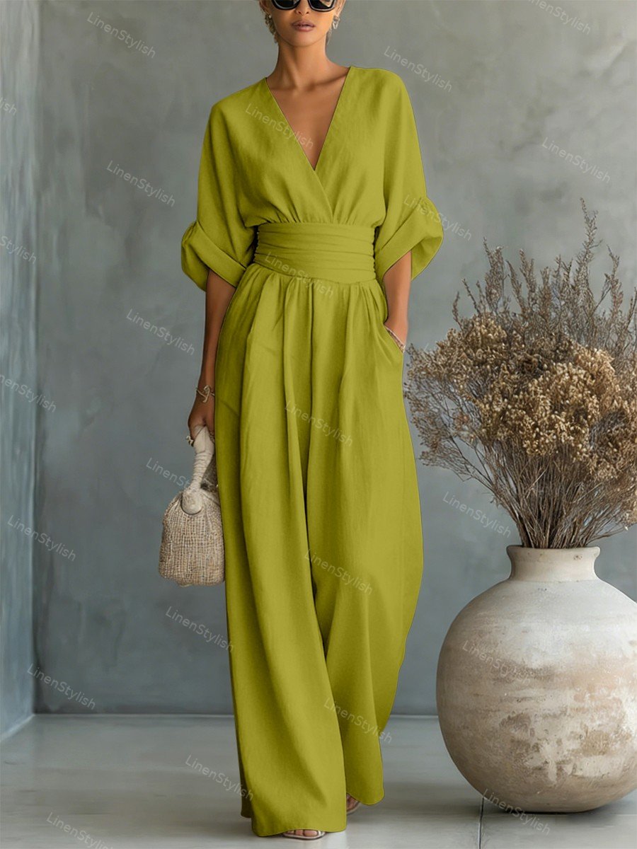Combinaison Femme avec Décolleté en V Profond, Ceinture et Pantalons Amples