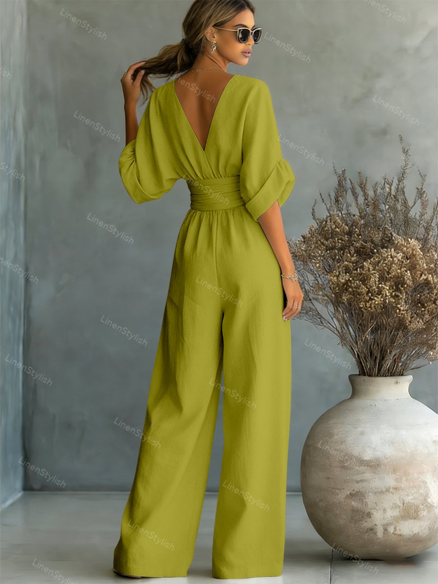 Combinaison Femme avec Décolleté en V Profond, Ceinture et Pantalons Amples