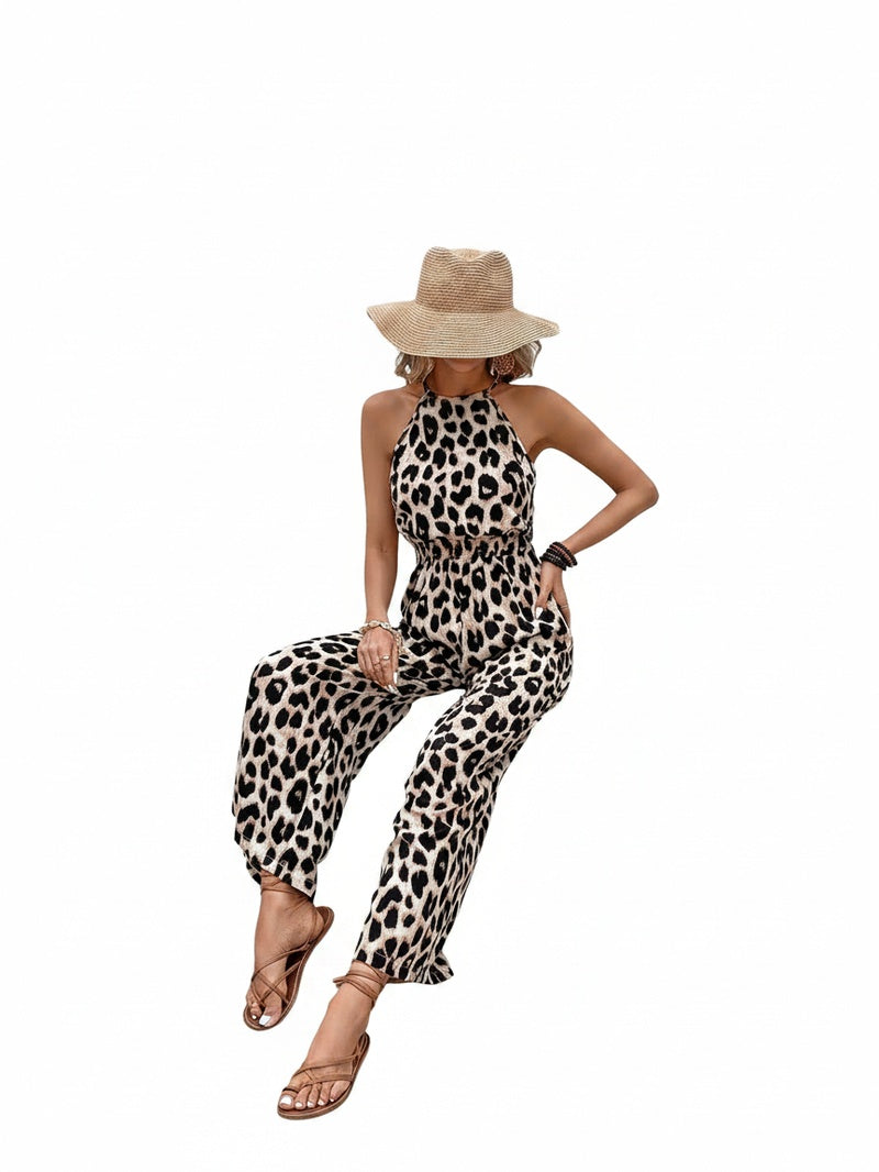 Salopette Femme avec Col Halter et Imprimé Léopard et Taille Élastique