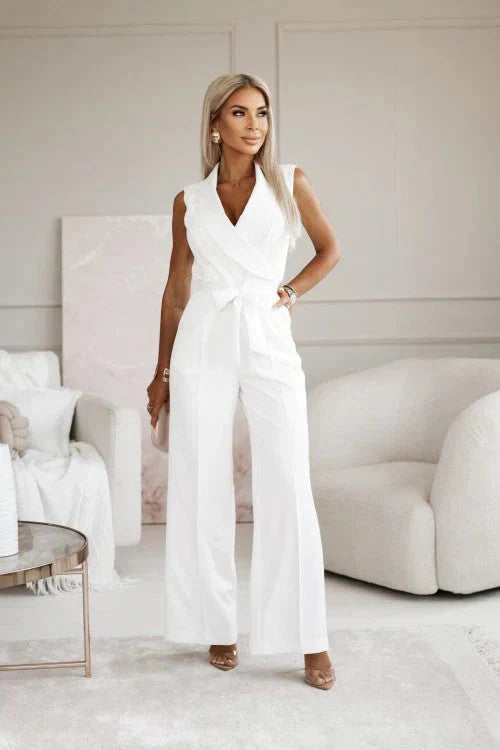 Combinaison Femme Sans Manches avec Décolleté en V, Col Revers et Pantalons Amples