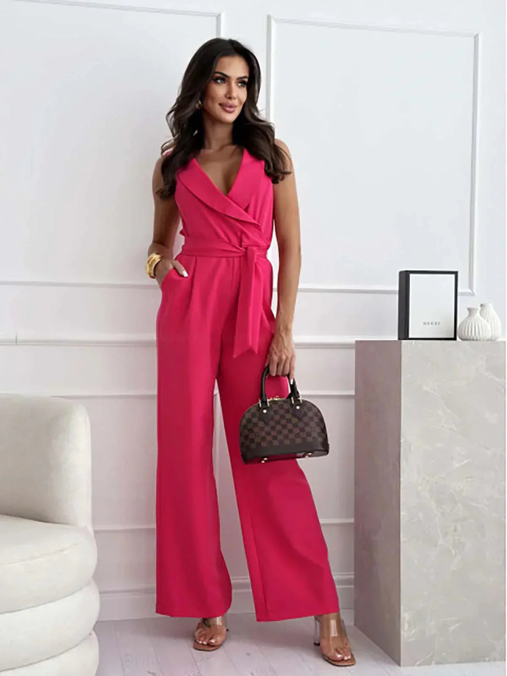 Combinaison Femme Sans Manches avec Décolleté en V, Col Revers et Pantalons Amples