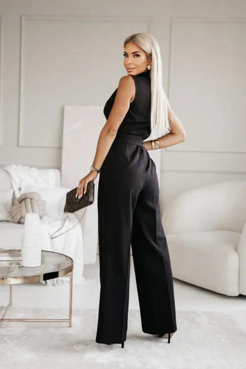 Combinaison Femme Sans Manches avec Décolleté en V, Col Revers et Pantalons Amples