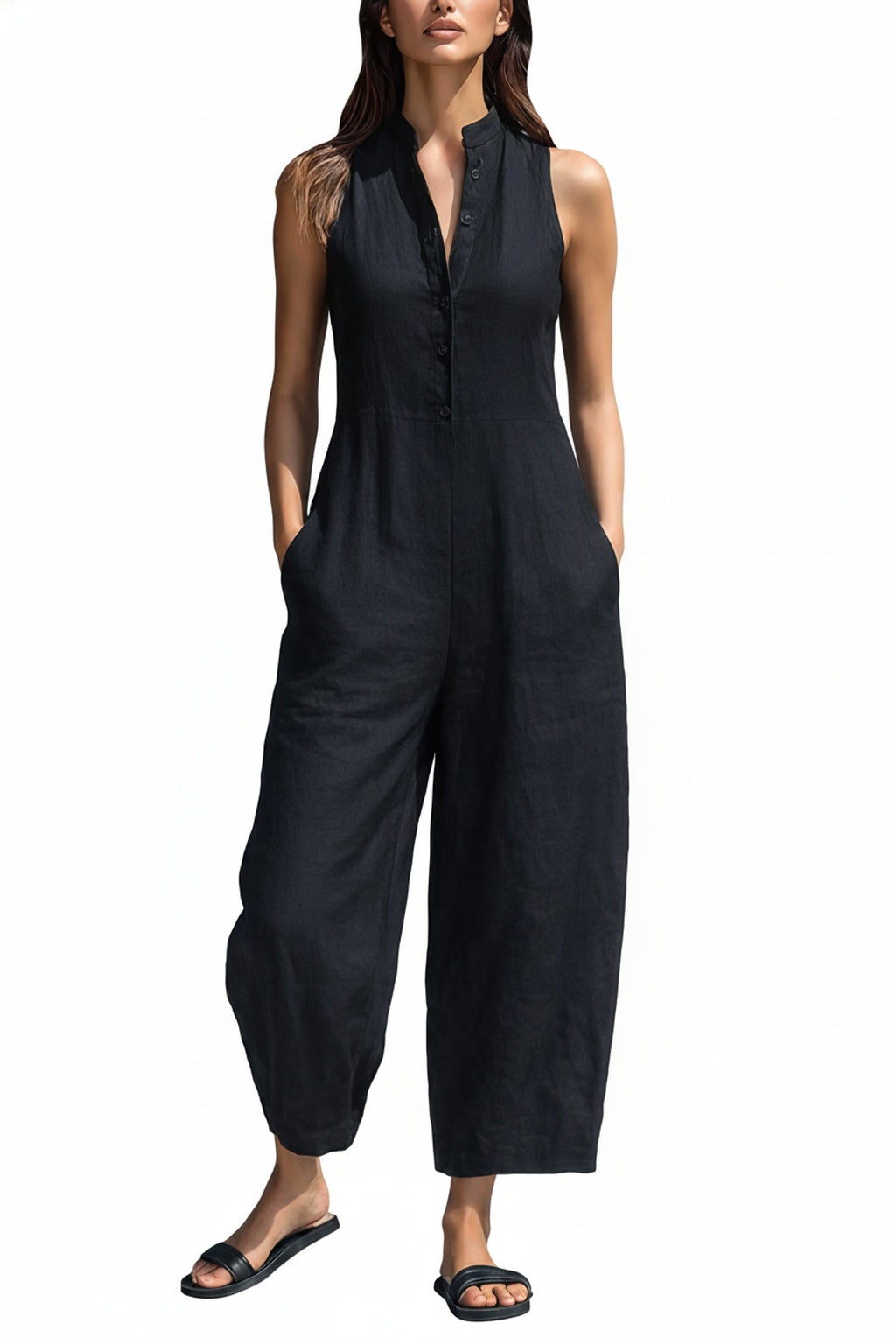Combinaison Femme Sans Manches avec Pantalons Amples et Fermeture à Boutons