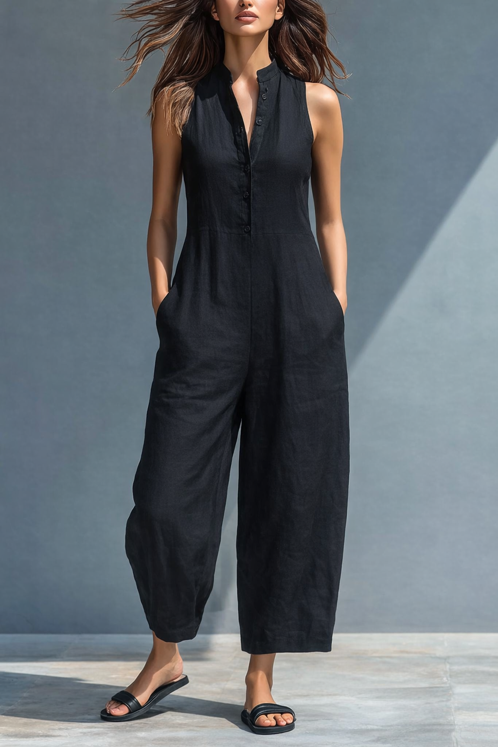 Combinaison Femme Sans Manches avec Pantalons Amples et Fermeture à Boutons