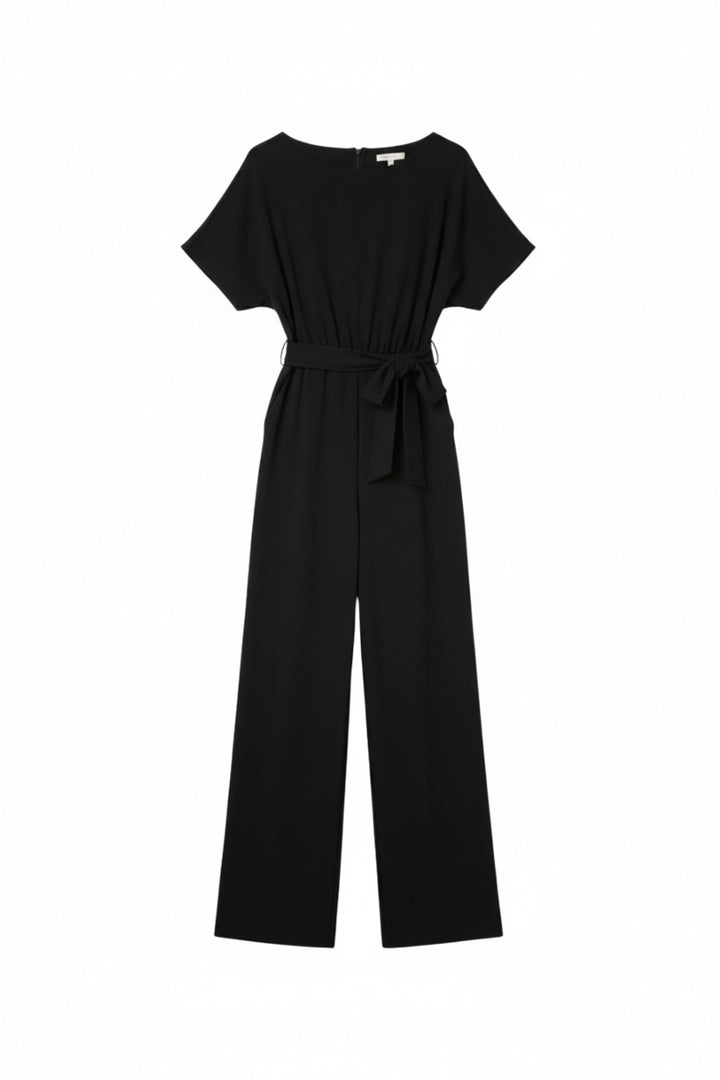 Combinaison Femme Pantalon Large avec Ceinture Nœud et Col Bateau à Manches Courtes