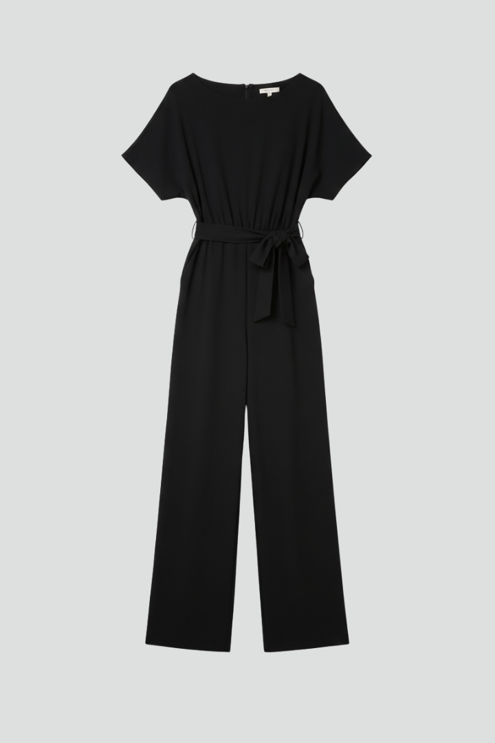 Combinaison Femme Pantalon Large avec Ceinture Nœud et Col Bateau à Manches Courtes