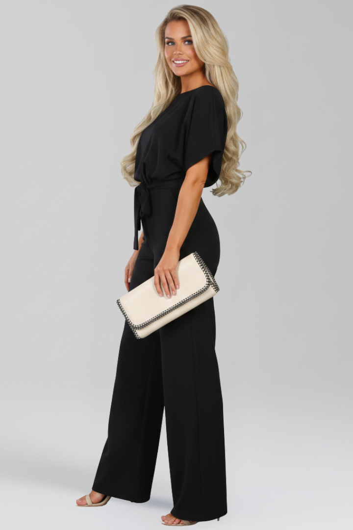 Combinaison Femme Pantalon Large avec Ceinture Nœud et Col Bateau à Manches Courtes