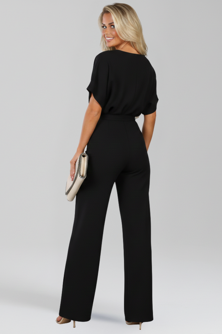Combinaison Femme Pantalon Large avec Ceinture Nœud et Col Bateau à Manches Courtes