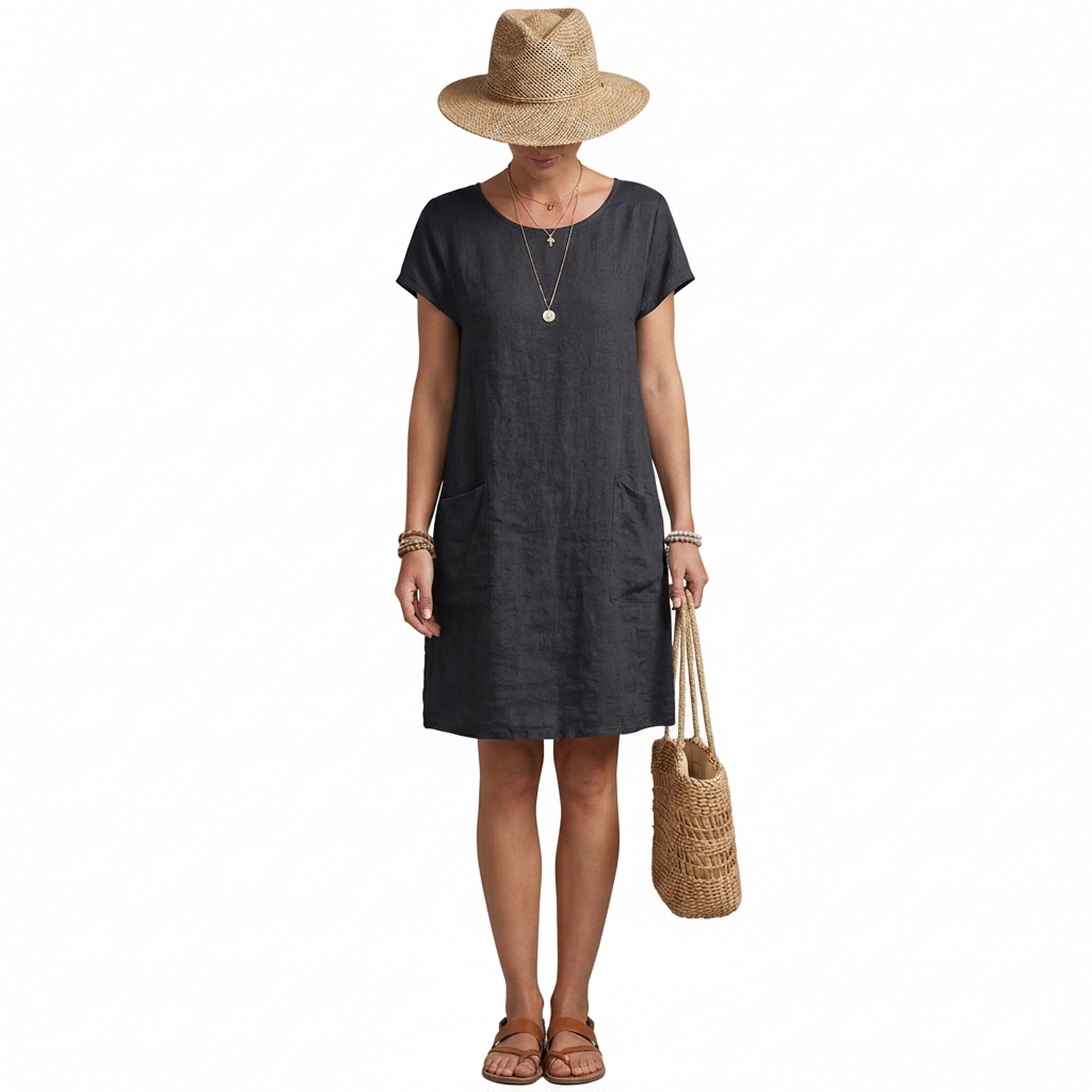 Robe Femme à Manches Courtes avec Col Rond et Poches