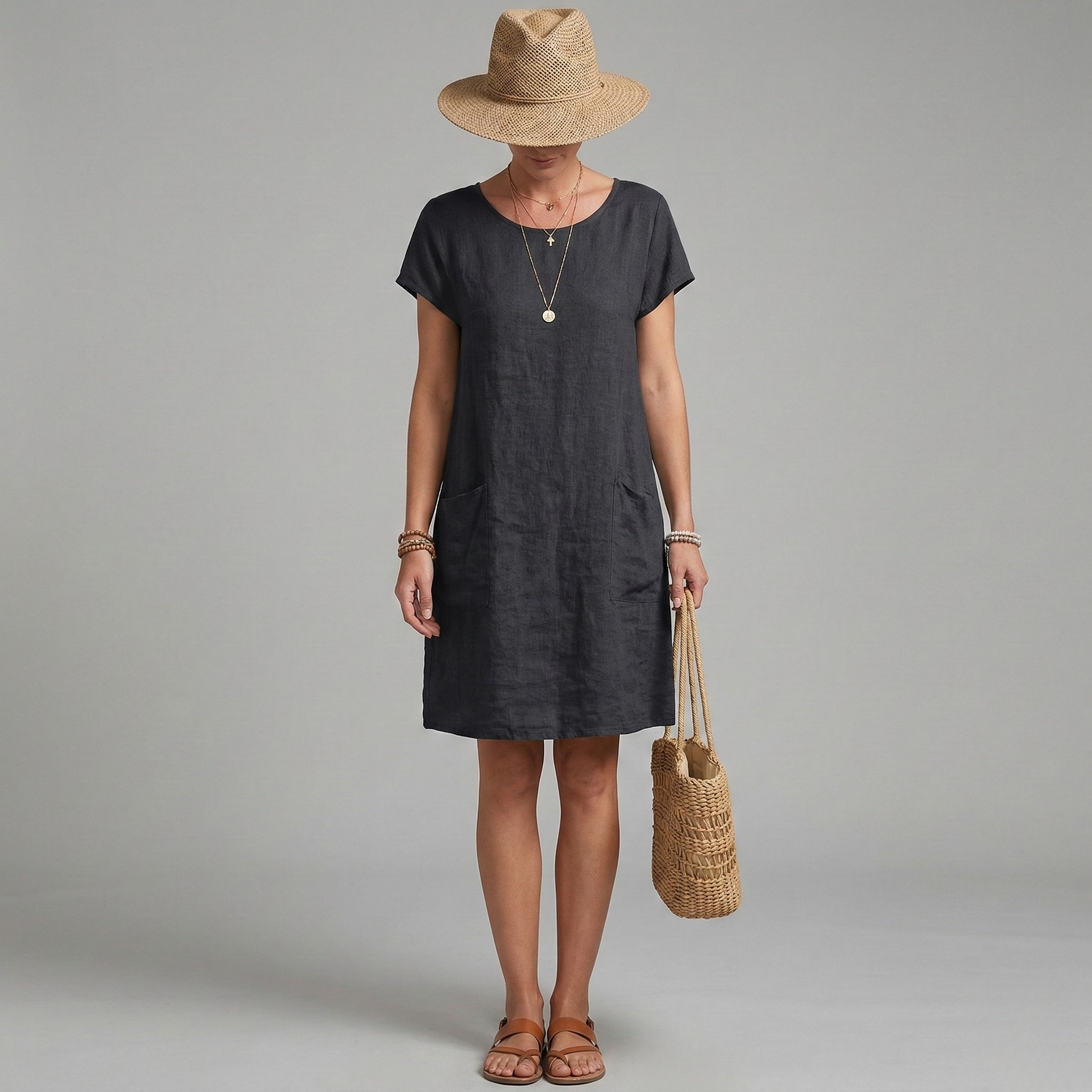 Robe Femme à Manches Courtes avec Col Rond et Poches