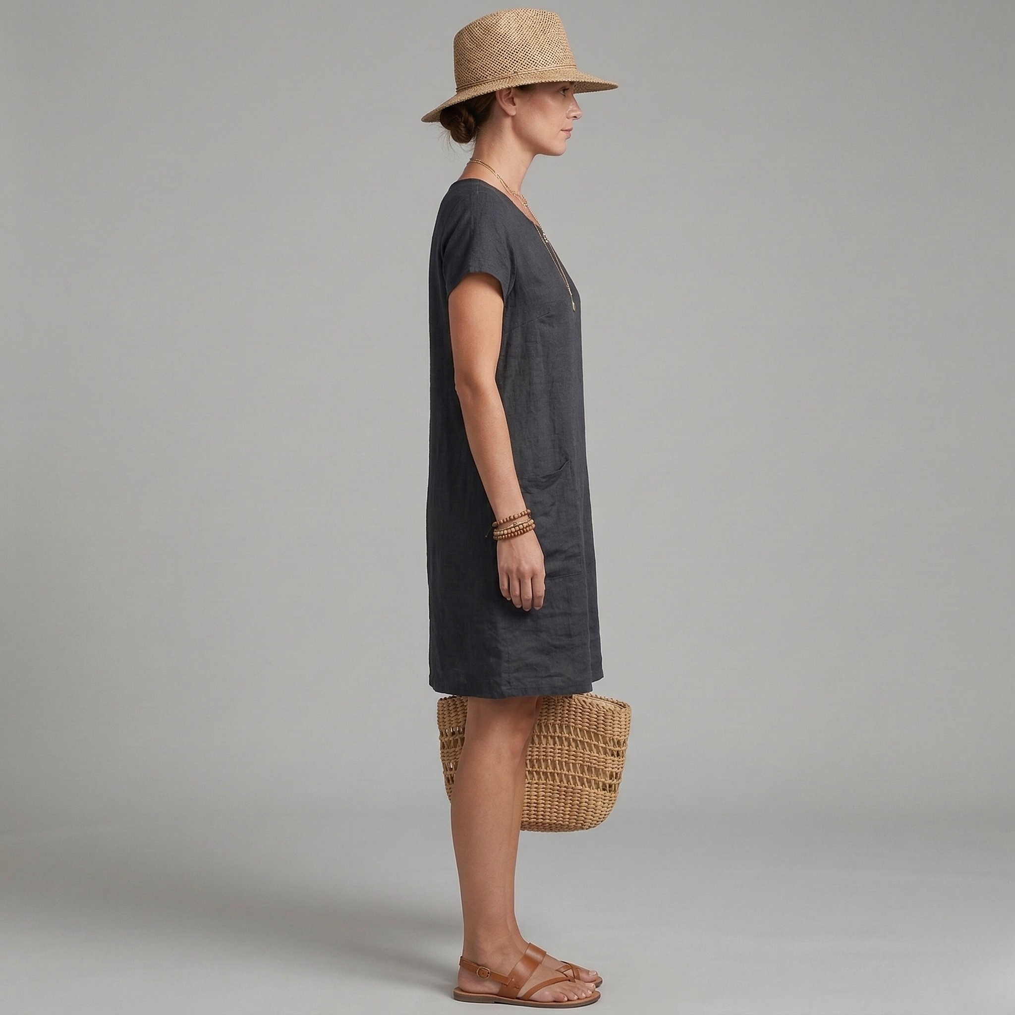 Robe Femme à Manches Courtes avec Col Rond et Poches