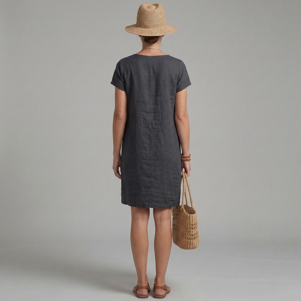 Robe Femme à Manches Courtes avec Col Rond et Poches