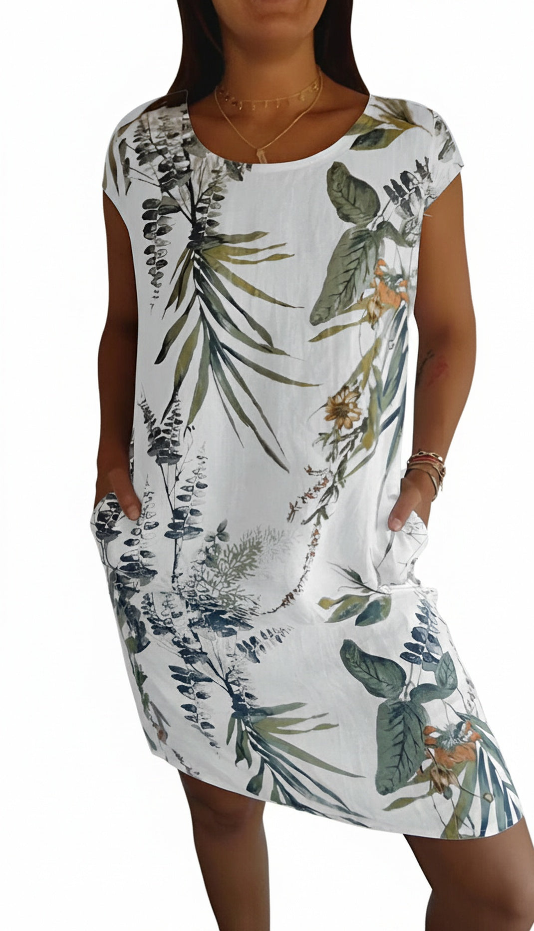 Robe Femme Sans Manches avec Col Ronde et Imprimé Tropical et Poches Latérales