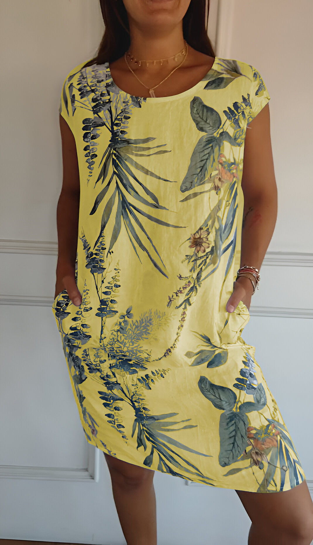 Robe Femme Sans Manches avec Col Ronde et Imprimé Tropical et Poches Latérales