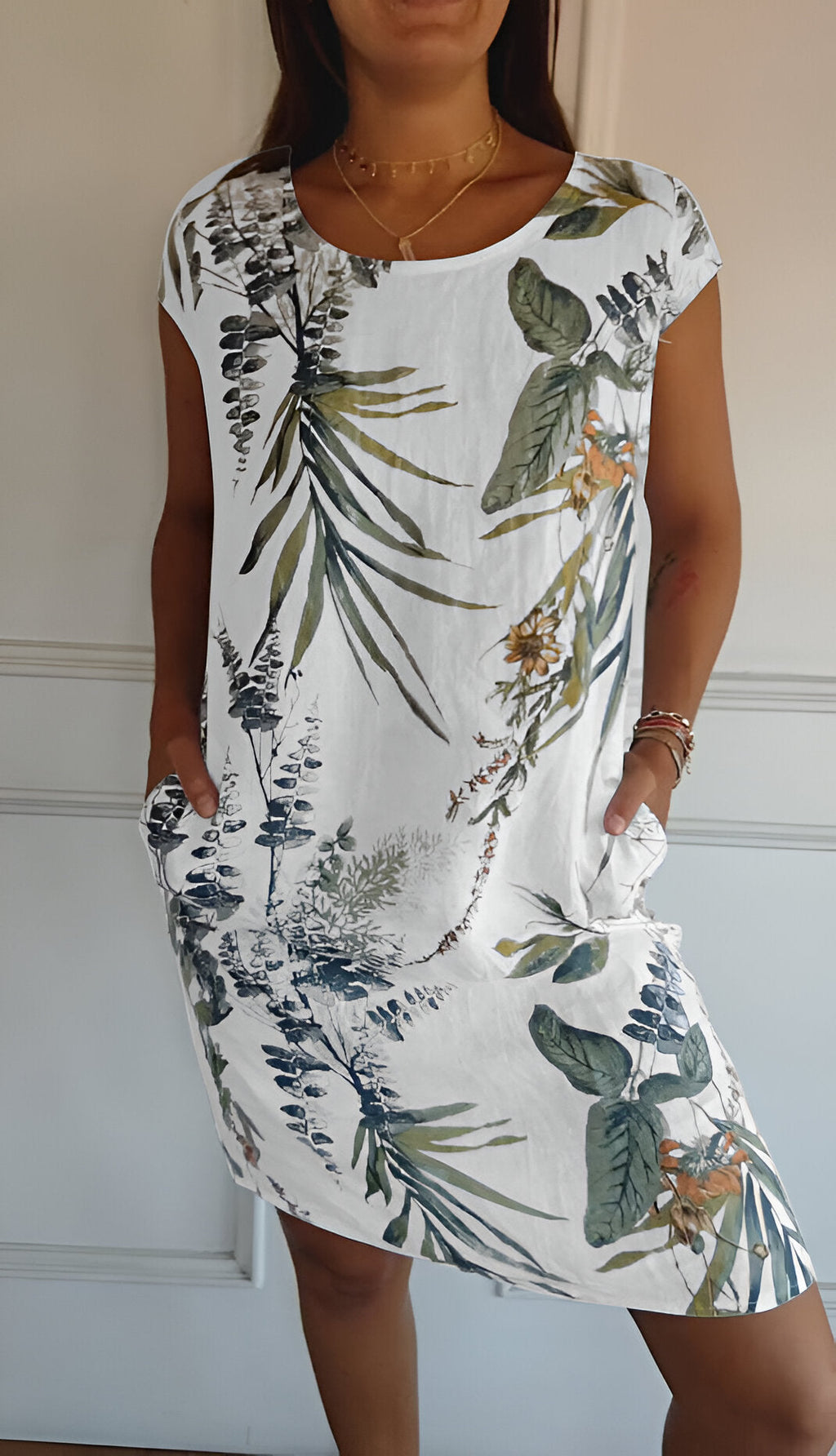 Robe Femme Sans Manches avec Col Ronde et Imprimé Tropical et Poches Latérales