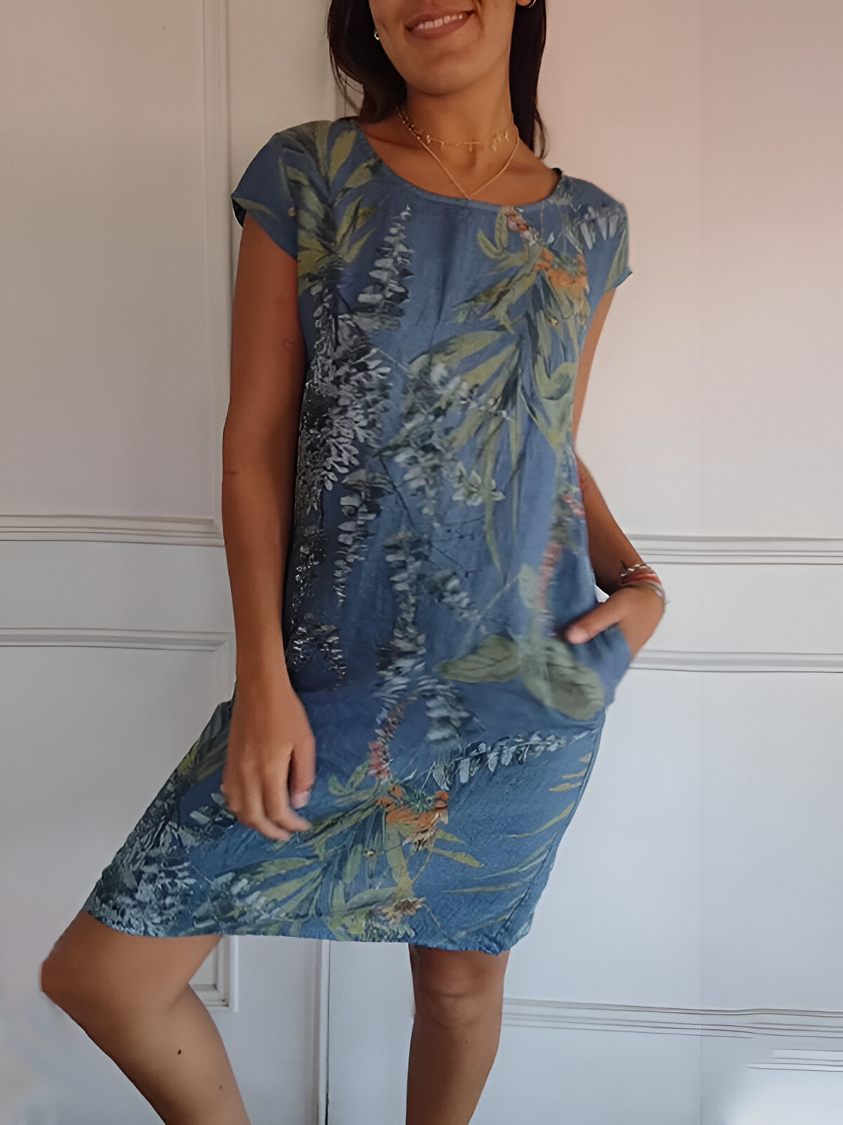 Robe Femme Sans Manches avec Col Ronde et Imprimé Tropical et Poches Latérales