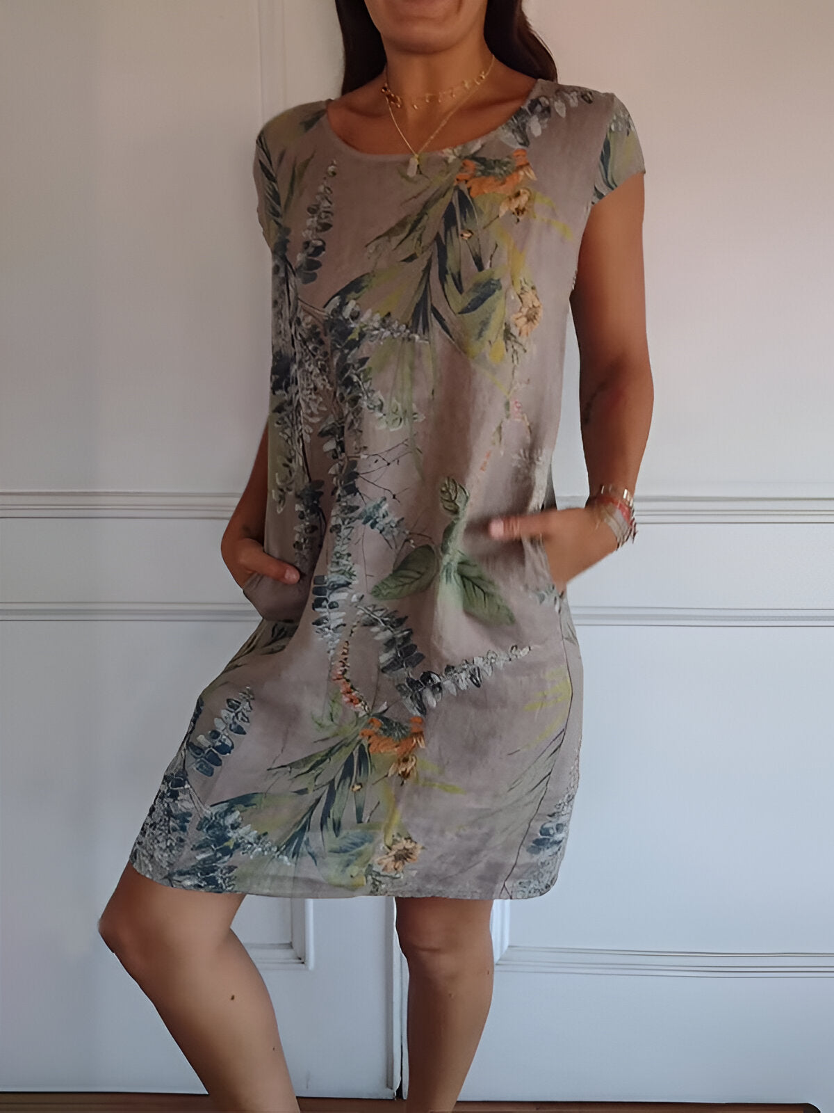 Robe Femme Sans Manches avec Col Ronde et Imprimé Tropical et Poches Latérales