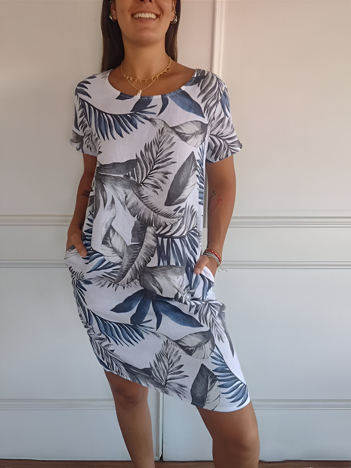 Robe Femme Sans Manches avec Col Ronde et Imprimé Tropical et Poches Latérales