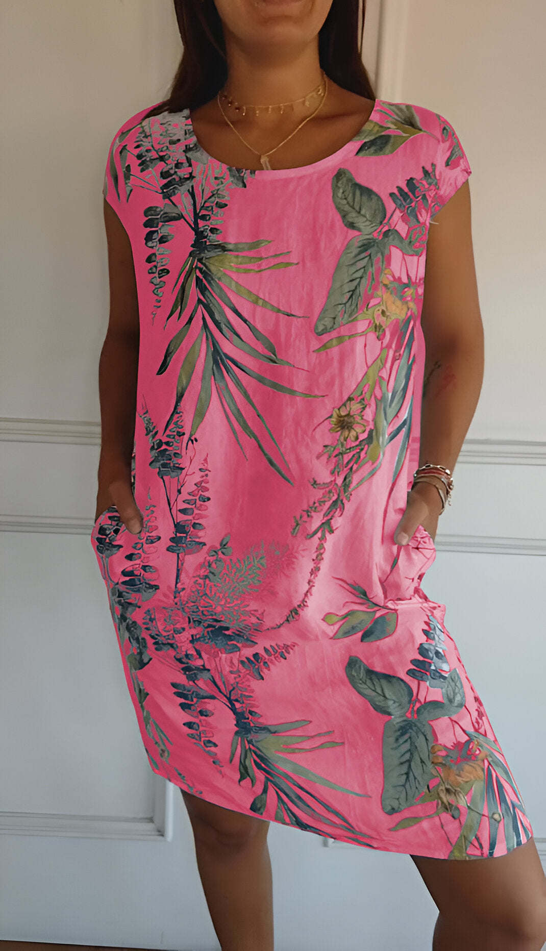 Robe Femme Sans Manches avec Col Ronde et Imprimé Tropical et Poches Latérales