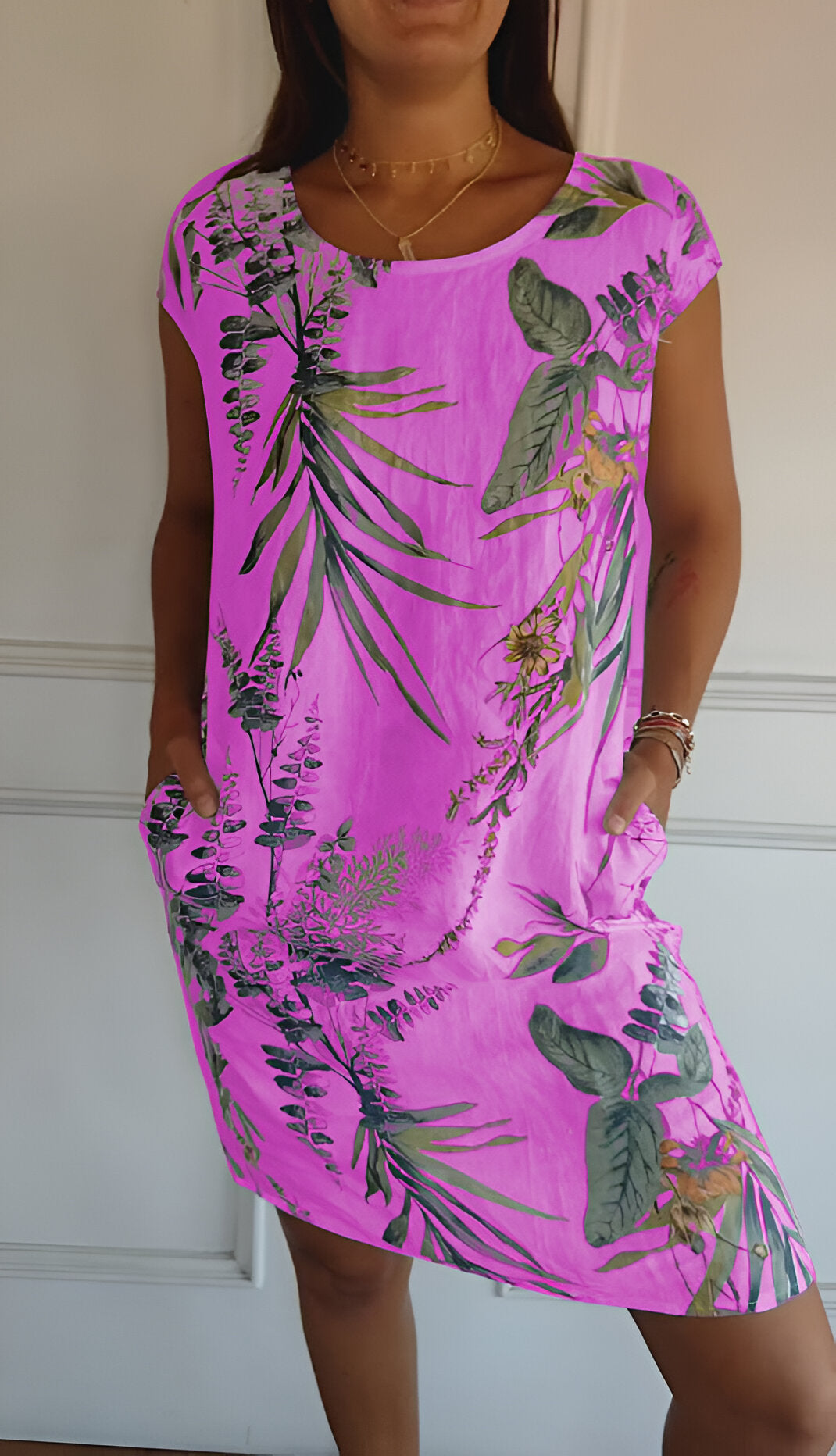 Robe Femme Sans Manches avec Col Ronde et Imprimé Tropical et Poches Latérales