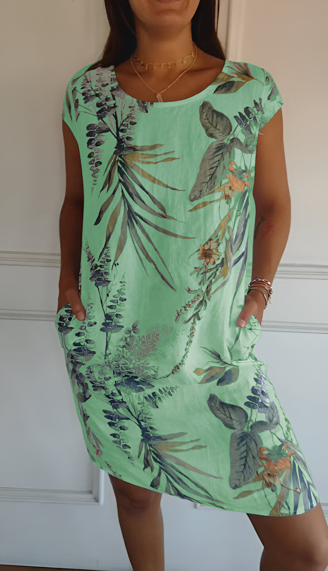 Robe Femme Sans Manches avec Col Ronde et Imprimé Tropical et Poches Latérales