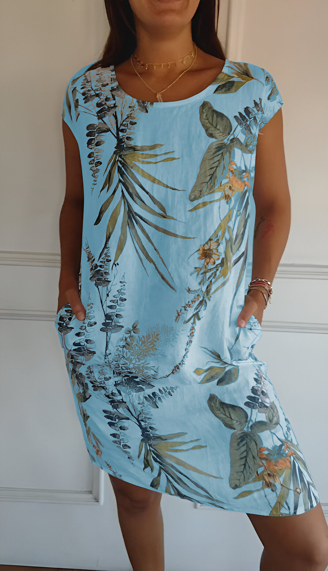 Robe Femme Sans Manches avec Col Ronde et Imprimé Tropical et Poches Latérales
