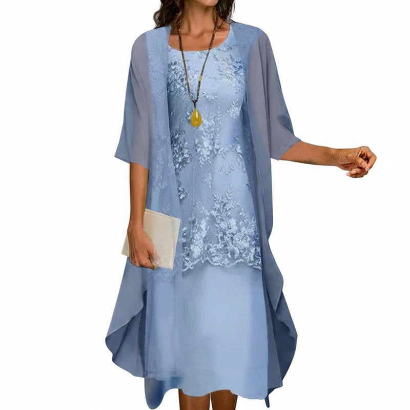 Robe en Dentelle pour Femmes avec Superposition en Chiffon et Manches Mi-Longues