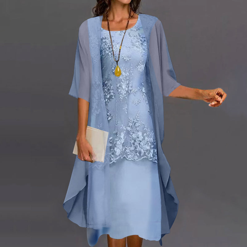 Robe en Dentelle pour Femmes avec Superposition en Chiffon et Manches Mi-Longues