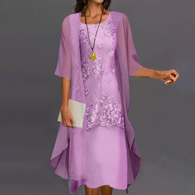 Robe en Dentelle pour Femmes avec Superposition en Chiffon et Manches Mi-Longues