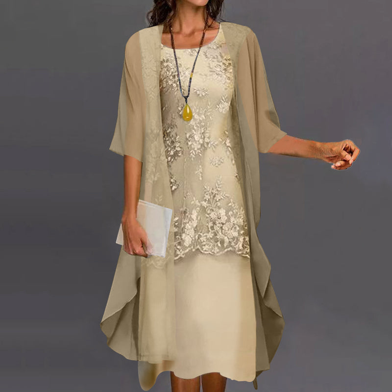 Robe en Dentelle pour Femmes avec Superposition en Chiffon et Manches Mi-Longues