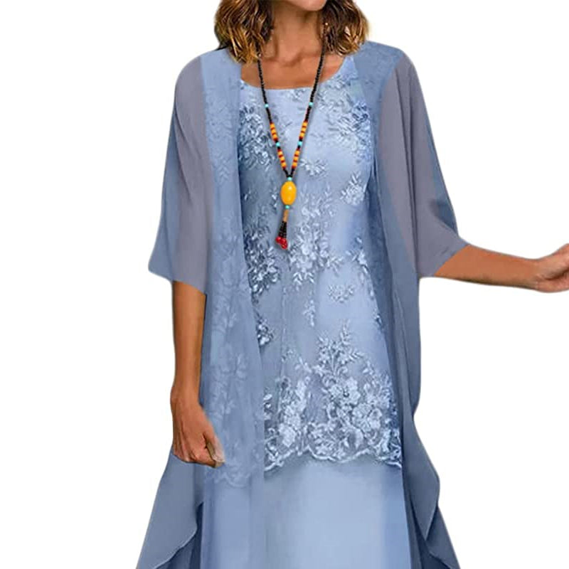 Robe en Dentelle pour Femmes avec Superposition en Chiffon et Manches Mi-Longues