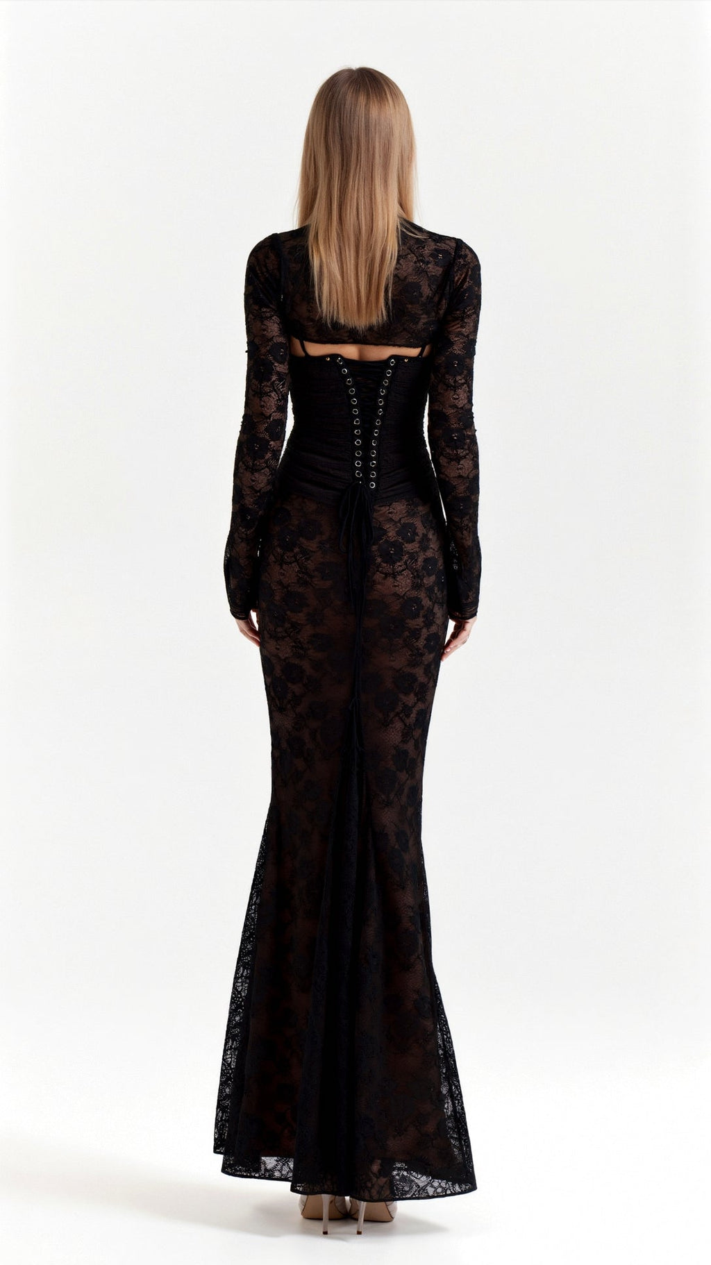 Robe Maxi en Dentelle pour Femmes avec Corset et Manches Longues