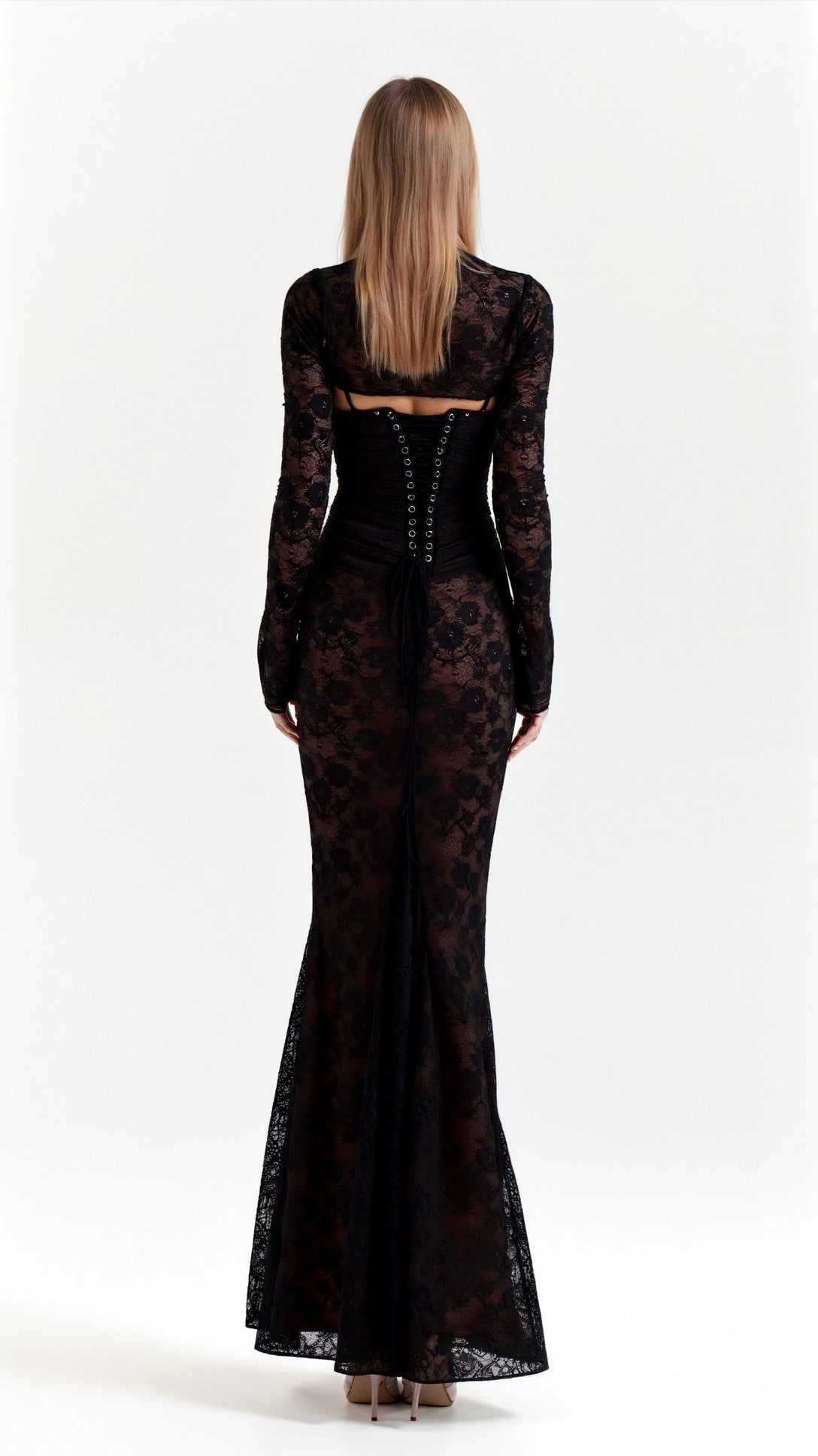 Robe Maxi en Dentelle pour Femmes avec Corset et Manches Longues